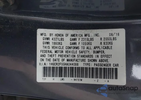 2017 Honda Accord Sport from USA, damaged, VIN 1HGCR2F55HA044066